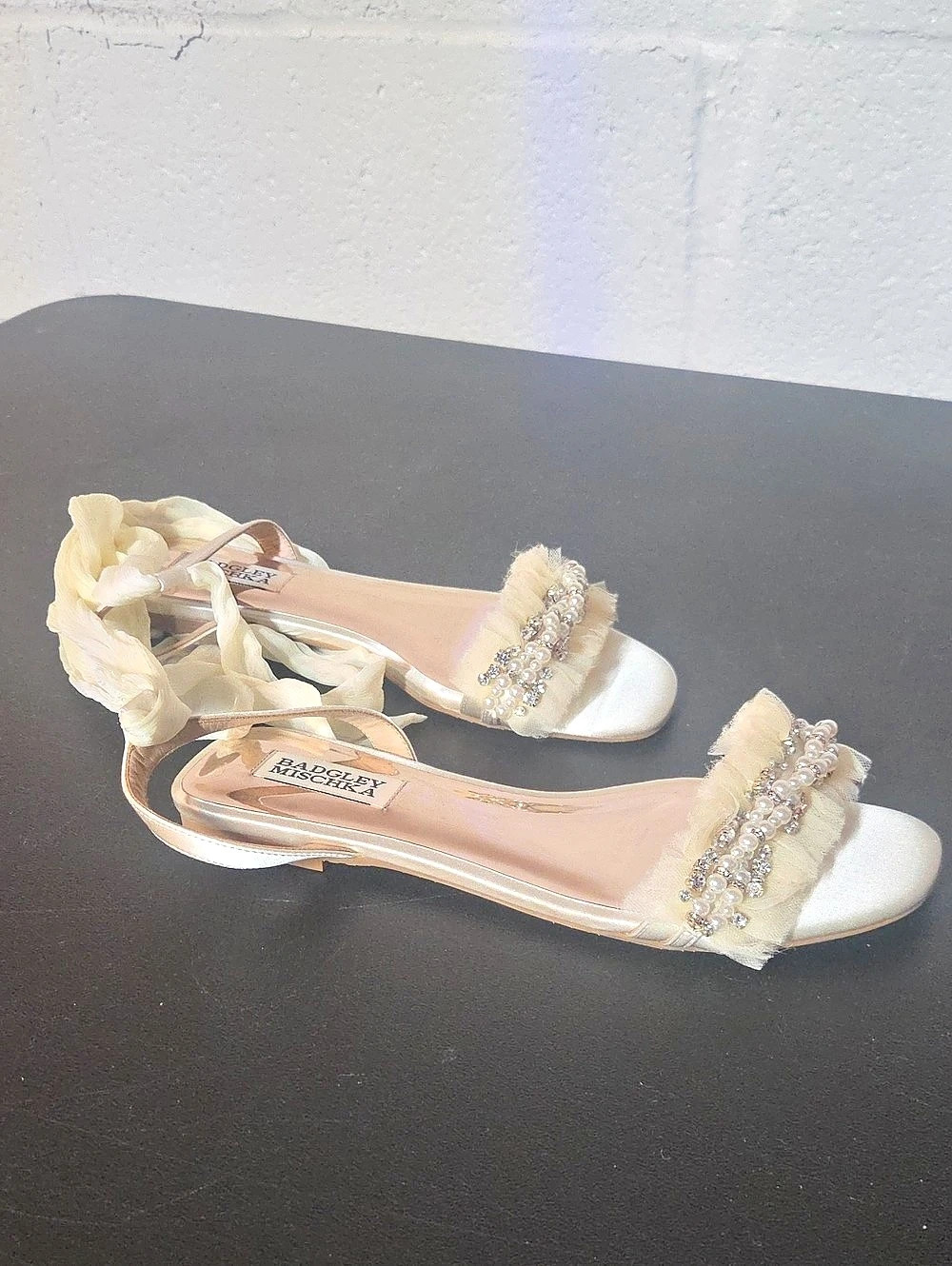 Bagdley Mischka Embellished Ankle Tie Sandals in Cream